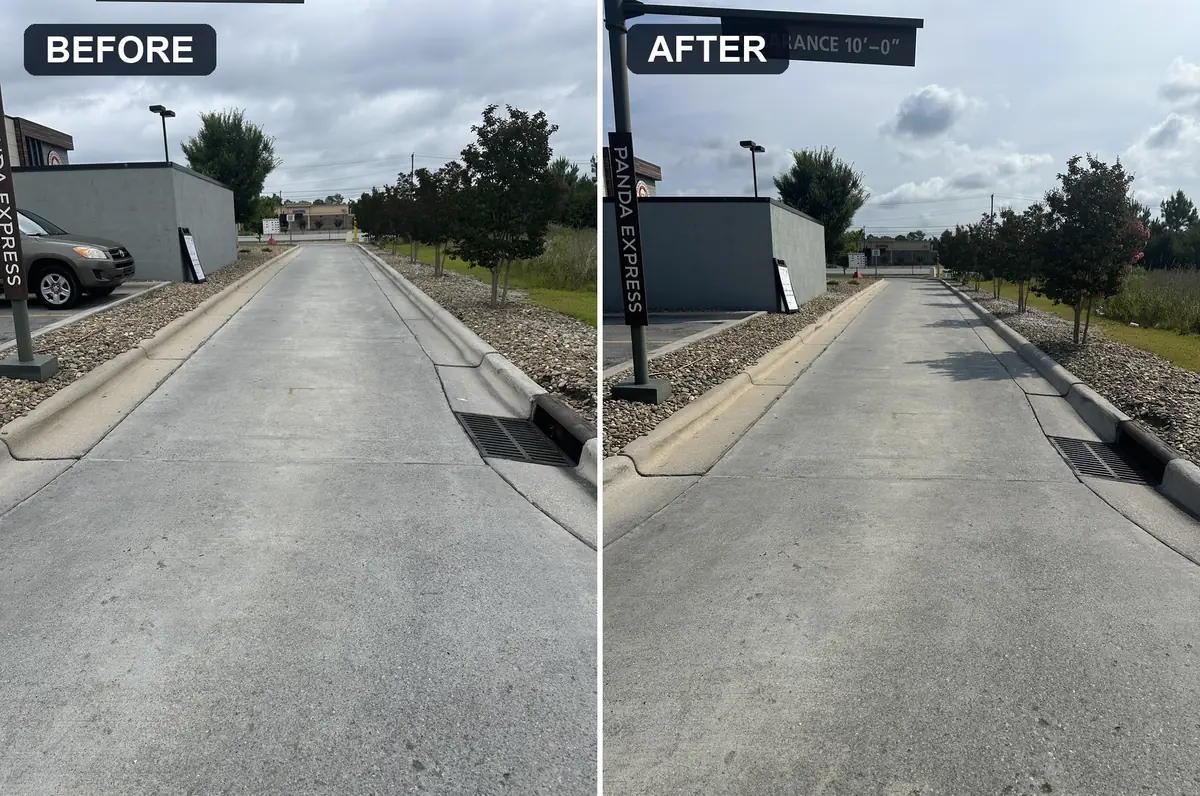 Before and after commercial concrete cleaning of a restaurant drive-through lane in Jacksonville, NC