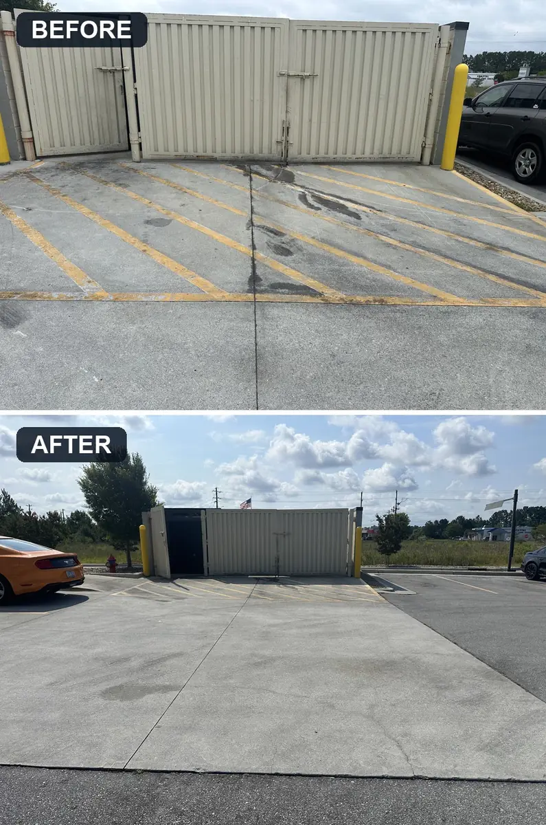 Before and after dumpster pad concrete cleaning at a Jacksonville, NC restaurant