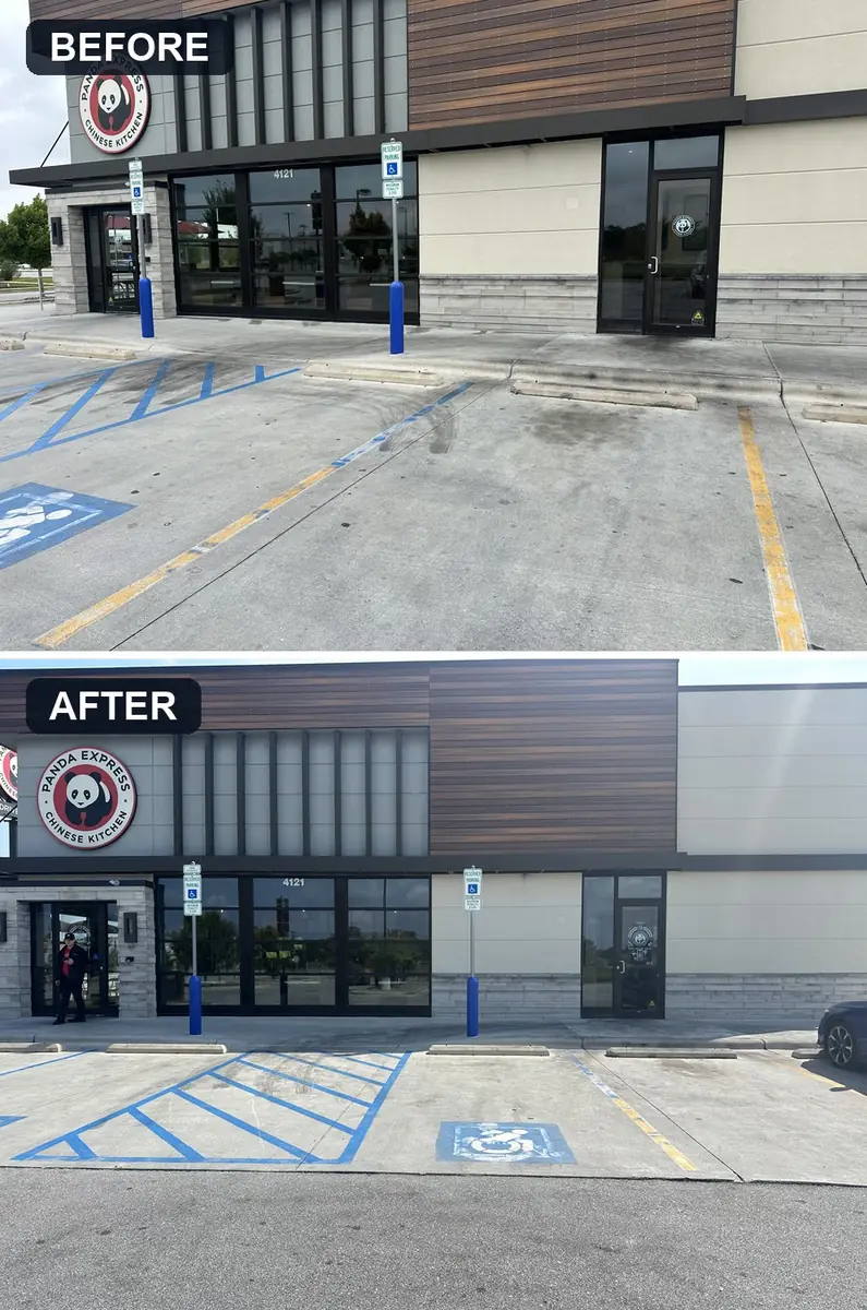 Before and after storefront and ADA parking concrete cleaning at a Jacksonville, NC restaurant
