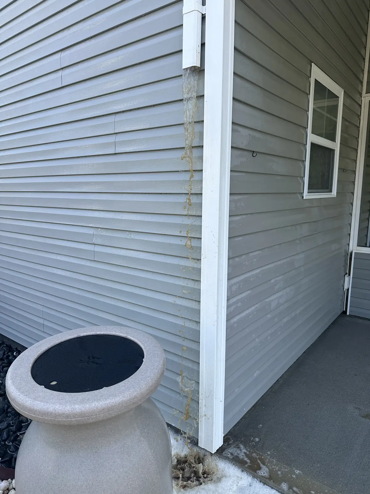 Before: metal commercial building with rust streaks, mineral staining, and mold along the roofline