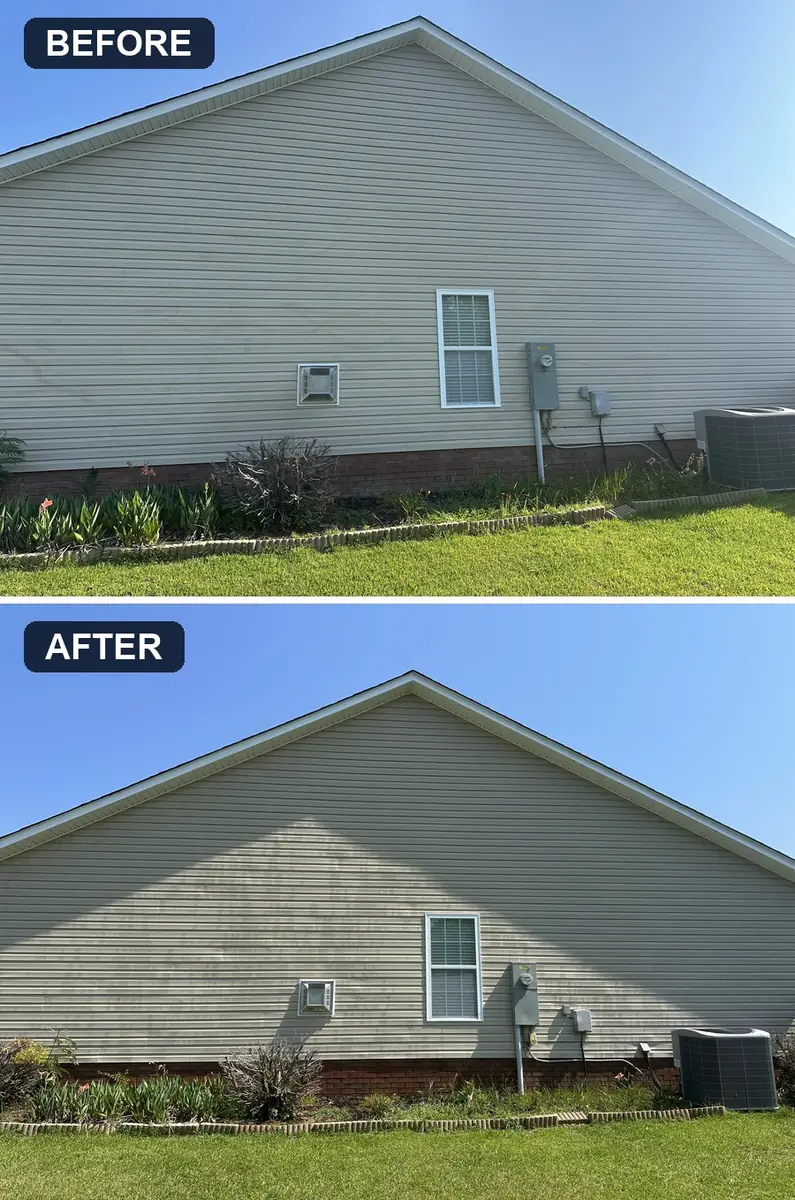 Side gable vinyl siding oxidation removal in Jacksonville, NC, before and after by Fresh Start Surface Solutions