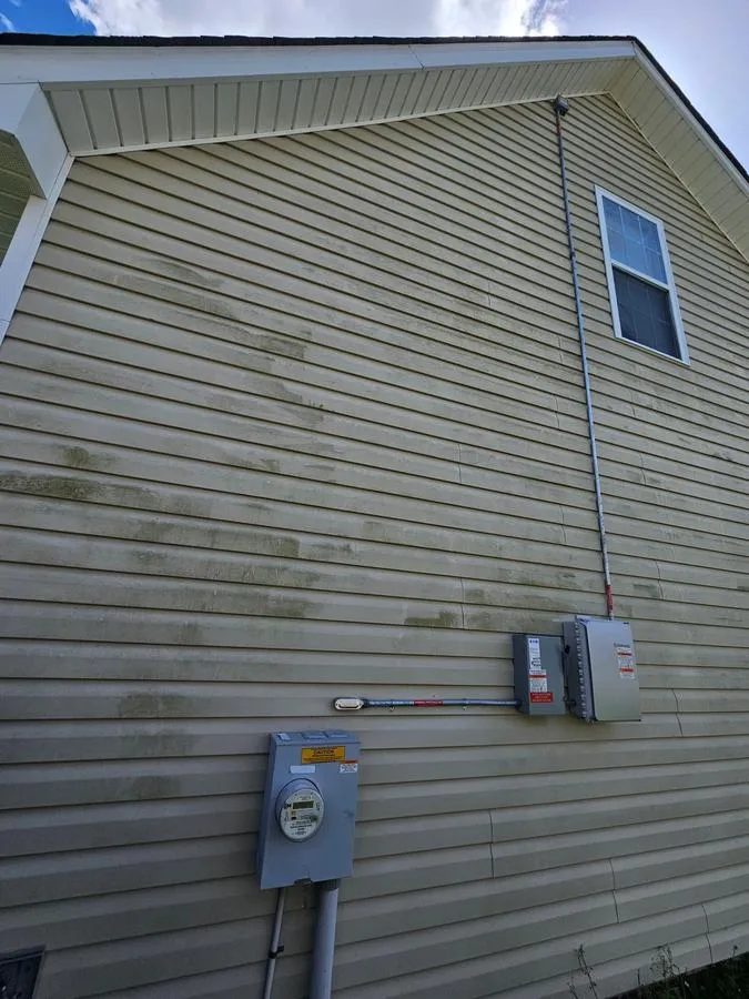 Before: house side wall with heavy algae staining around utility meter