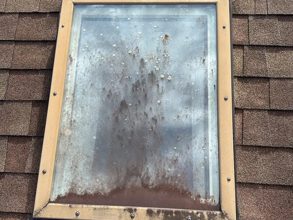 Before: roof skylight glass in Swansboro, NC covered in brown streaking and crusted organic growth