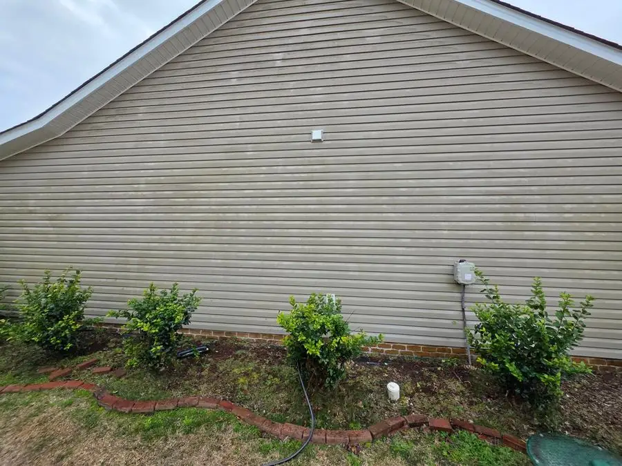 Before: house side wall with algae and mildew growth across siding