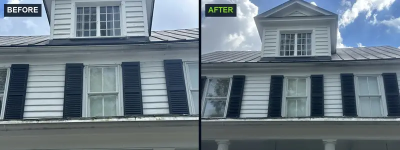 Before and after of the upper facade, dormer, and metal roof of a New Bern historic home, showing algae and streaks removed by soft washing