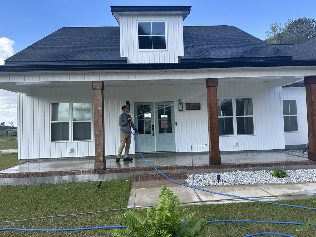 Soft wash in progress on a farmhouse exterior, Camp Lejeune service area